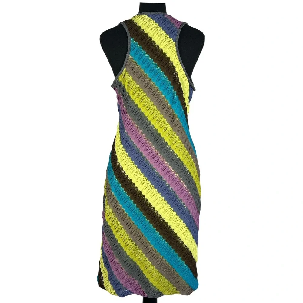 Muse Y2K Pointelle Crochet Striped Mini Beach Dress Lime‎ Multicolor Sz 10